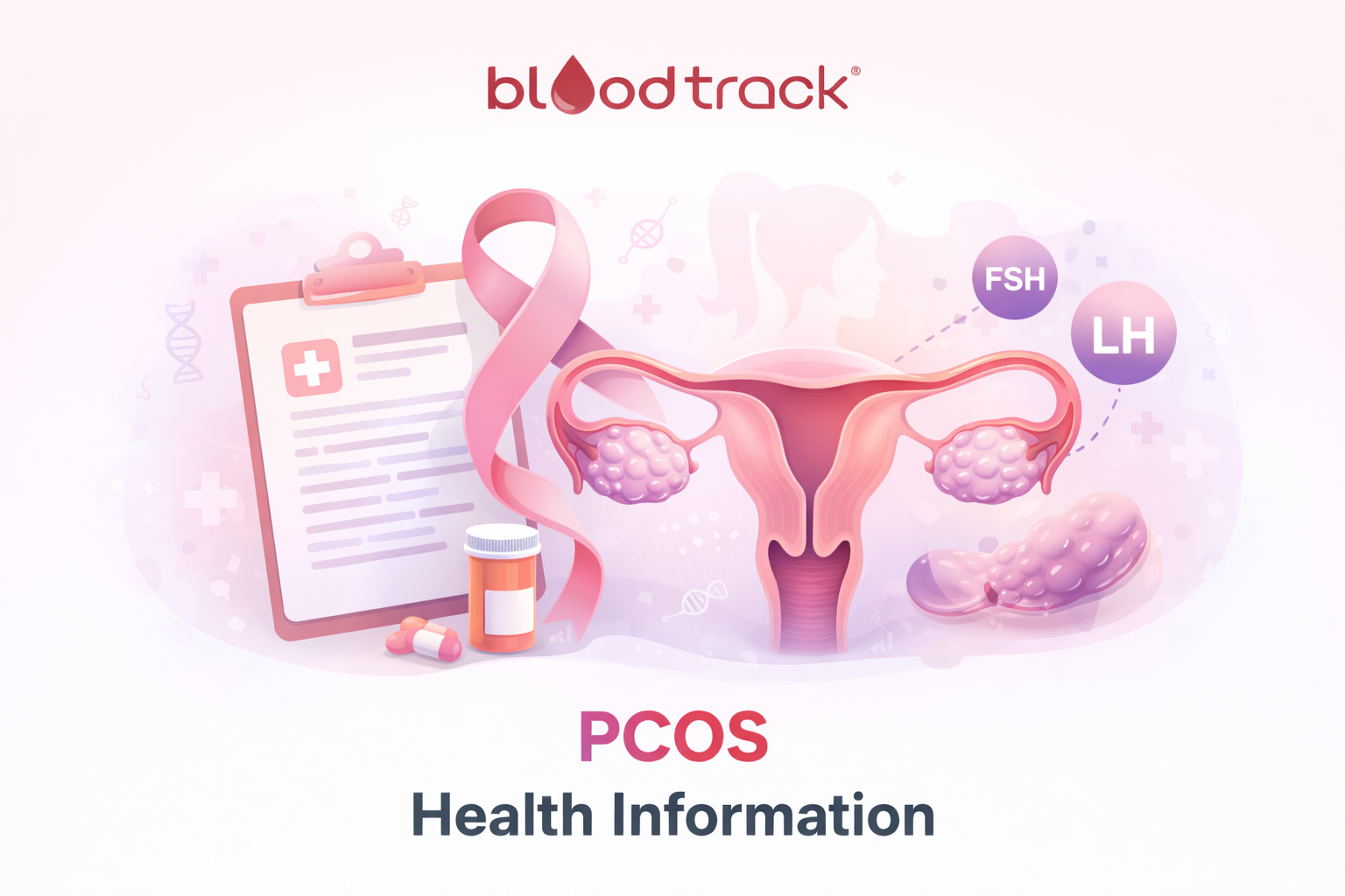 PCOS 101 Guide cover - clipboard, uterus illustration, FSH/LH labels, BloodTrack branding